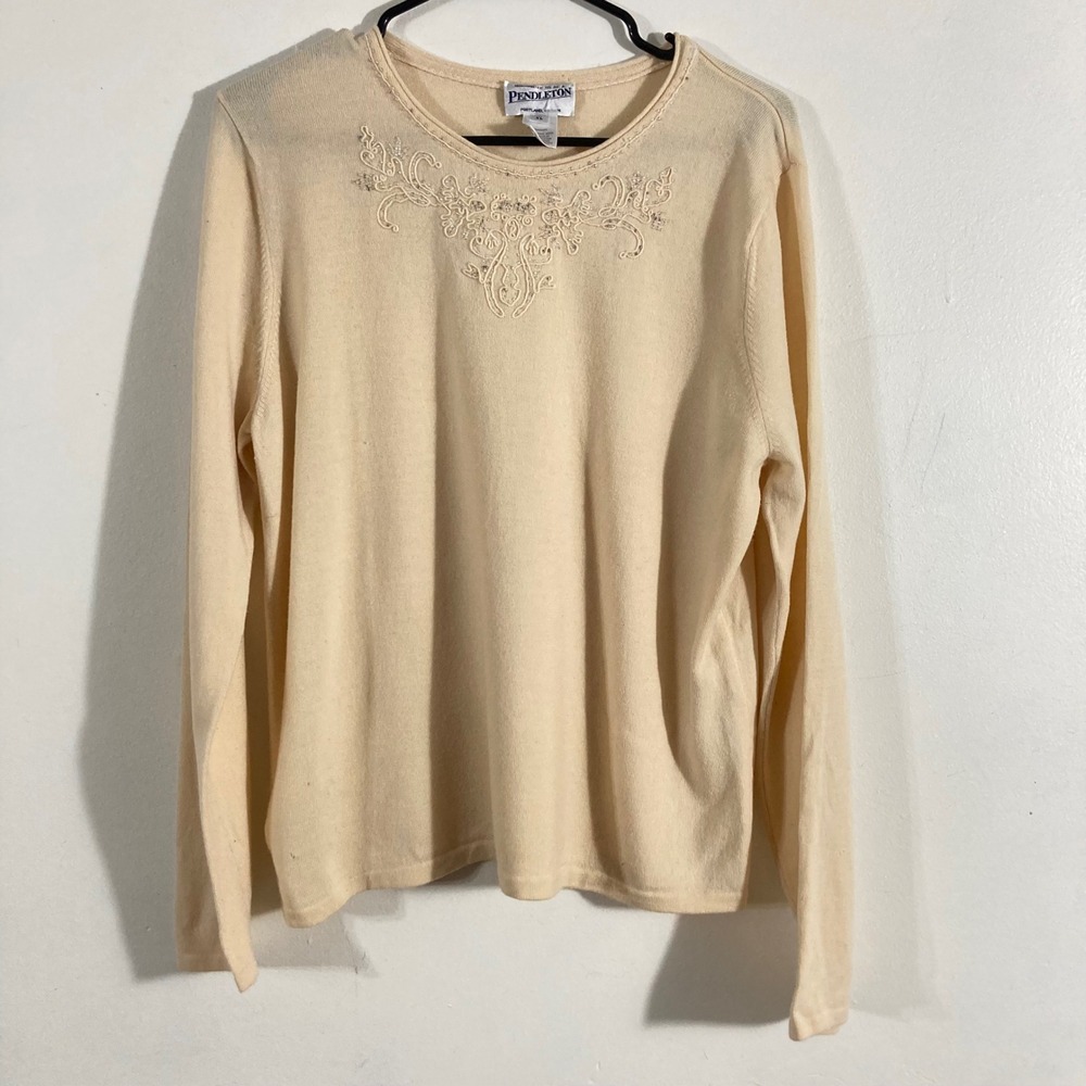 Pendleton Sweater Womens XL Cream Merino Wool Beaded Embroidered Long Sleeve